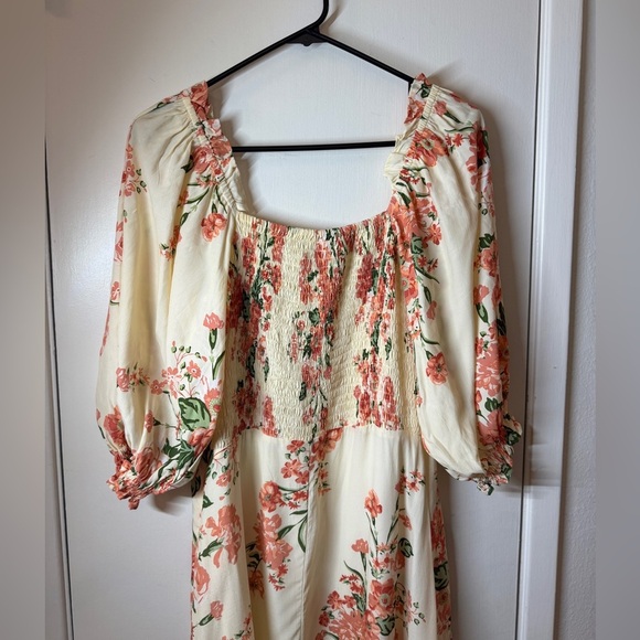 Faithfull the Brand Floral Puff Sleeve Light Butter Yellow Pink Midi Dress US 8 - Picture 12 of 15